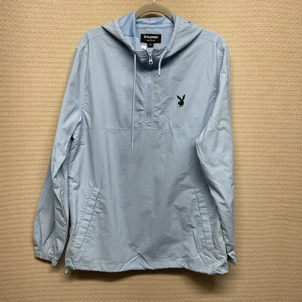 Pacsun Playboy Jacket Mens Small Blue Quarter Zip‎ Hoodie Logo Windbreaker